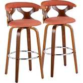Gardenia 30" Swivel Bar Stool in Walnut Wood & Orange Fabric with Chrome Footrest (Set of 2)